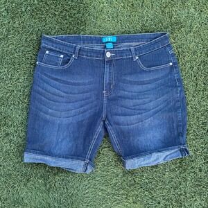 Dkin Womens 20W 38x8 Denim Bermuda Shorts Dark Wash Embroidered Cuffed Y2K